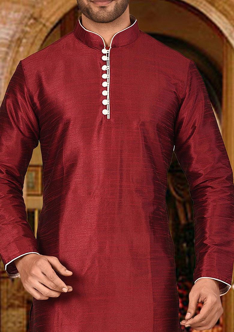 Red Solid Dupion Silk Kurta Pyjama Set For Men