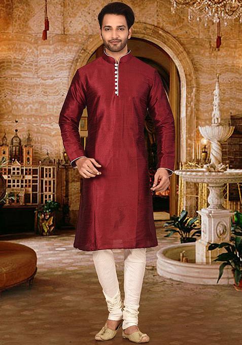 Red Solid Dupion Silk Kurta Pyjama Set For Men