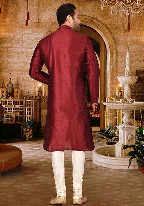 Red Solid Dupion Silk Kurta Pyjama Set For Men