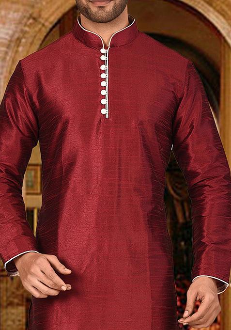 Red Solid Dupion Silk Kurta Pyjama Set For Men