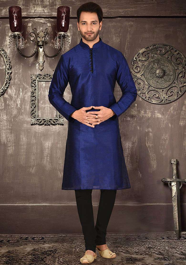 Royal Blue Solid Dupion Silk Kurta Pyjama Set For Men - Indya