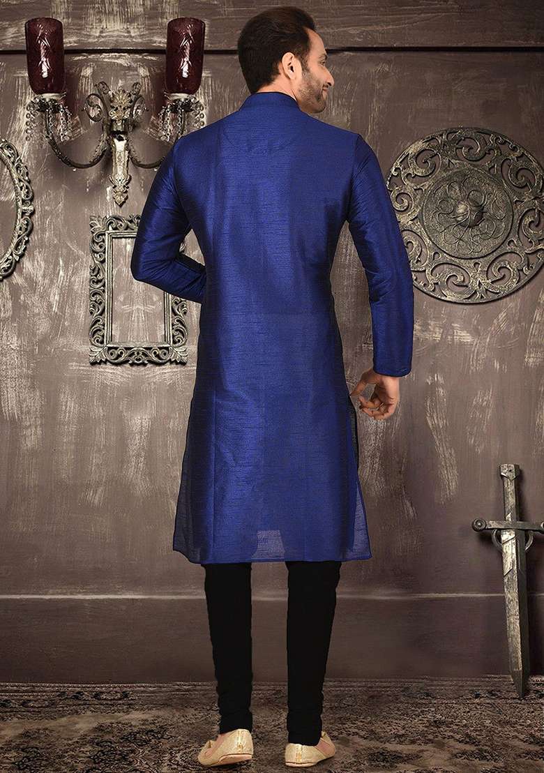 Royal Blue Solid Dupion Silk Kurta Pyjama Set For Men - Indya
