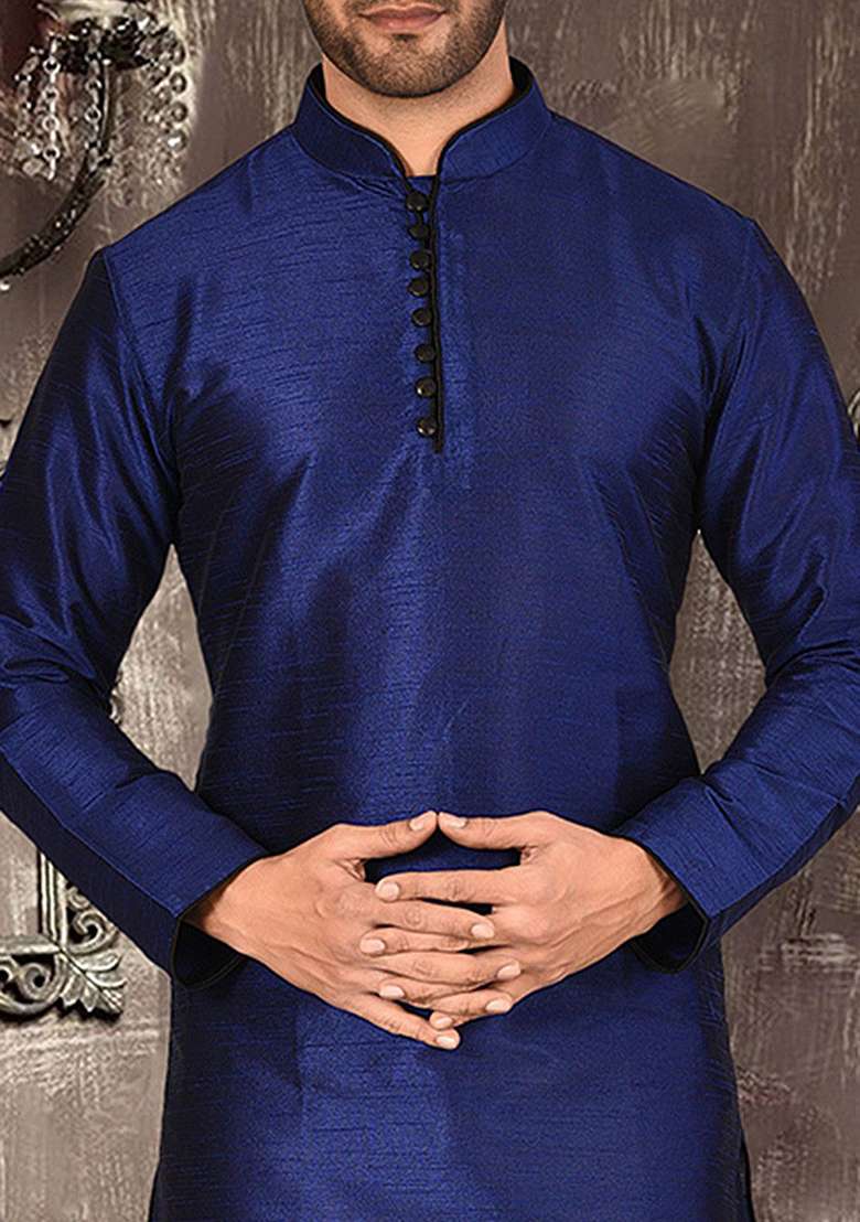 Royal Blue Solid Dupion Silk Kurta Pyjama Set For Men - Indya