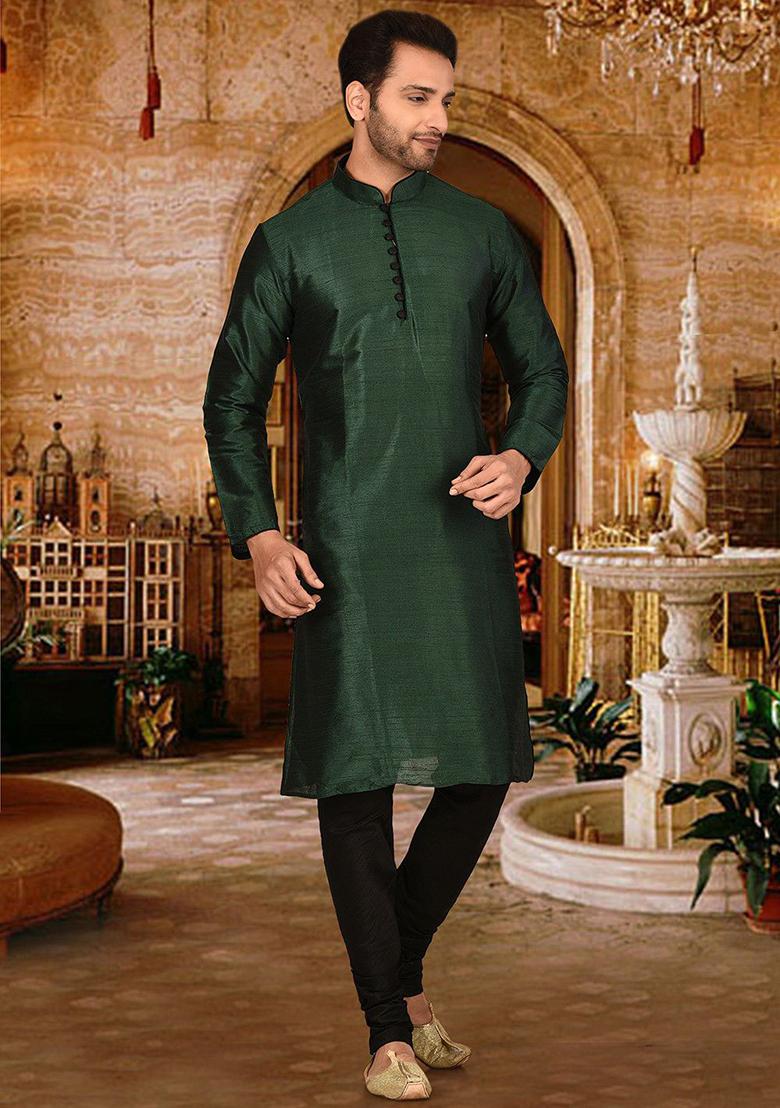 Green Solid Dupion Silk Kurta Pyjama Set For Men