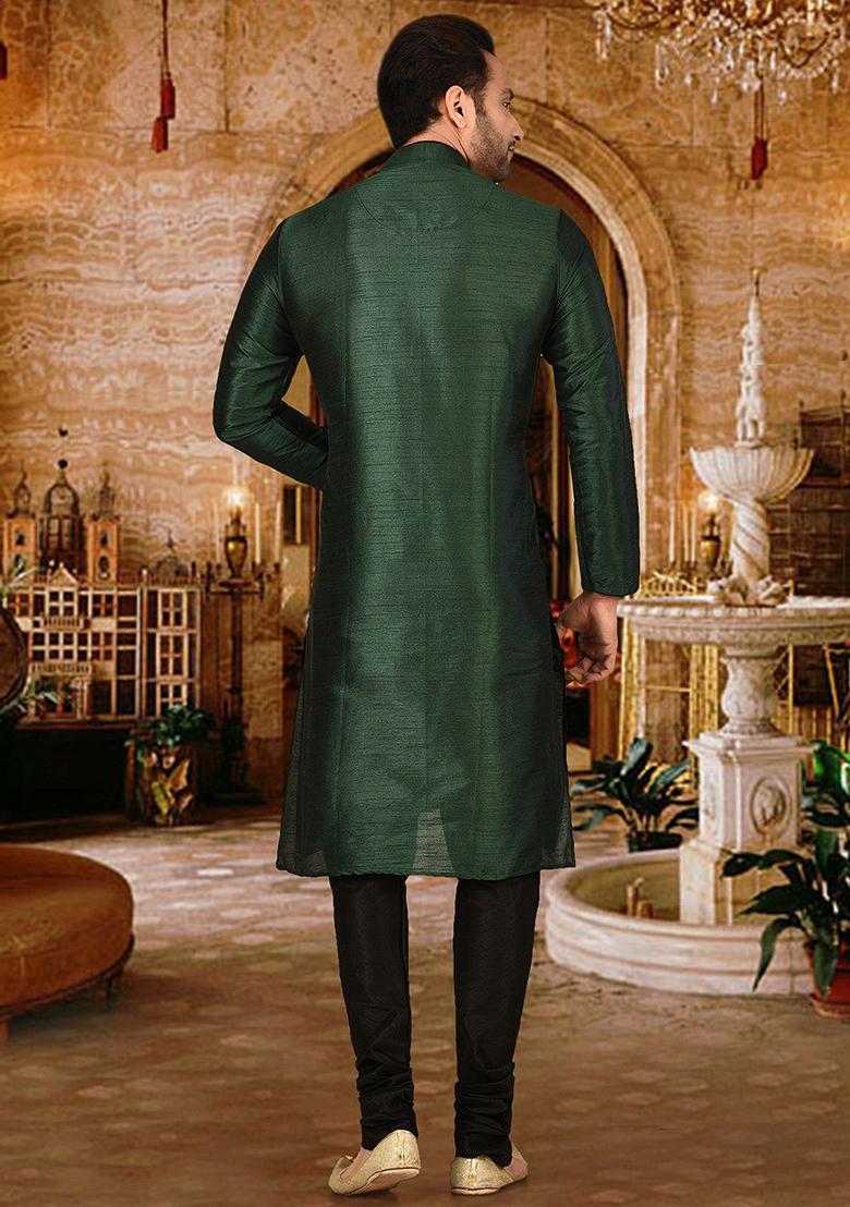 Green Solid Dupion Silk Kurta Pyjama Set For Men