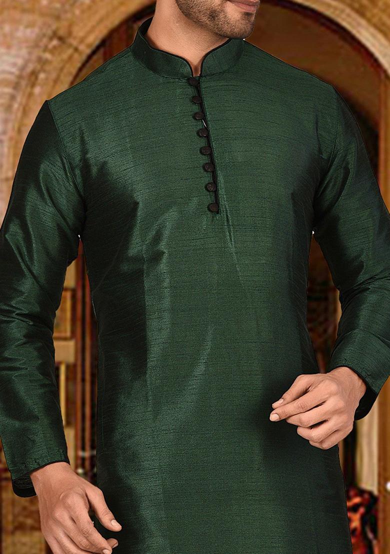 Green Solid Dupion Silk Kurta Pyjama Set For Men