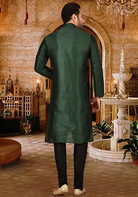 Green Solid Dupion Silk Kurta Pyjama Set For Men