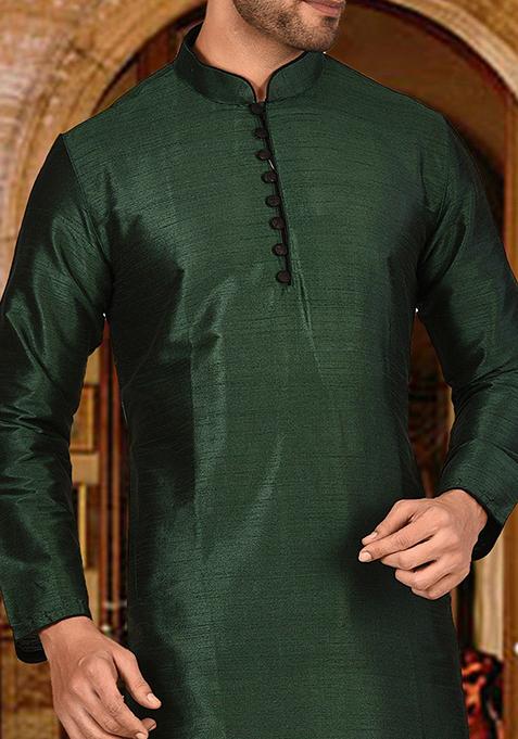 Green Solid Dupion Silk Kurta Pyjama Set For Men