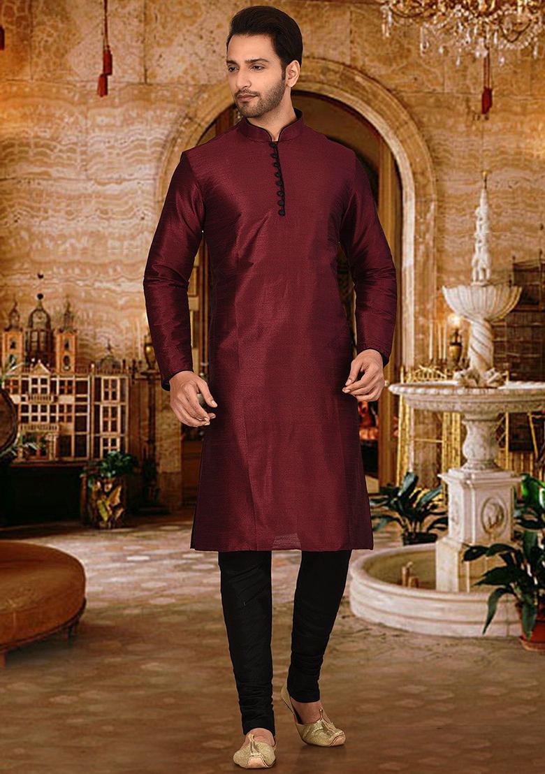 Maroon Solid Dupion Silk Kurta Pyjama Set For Men