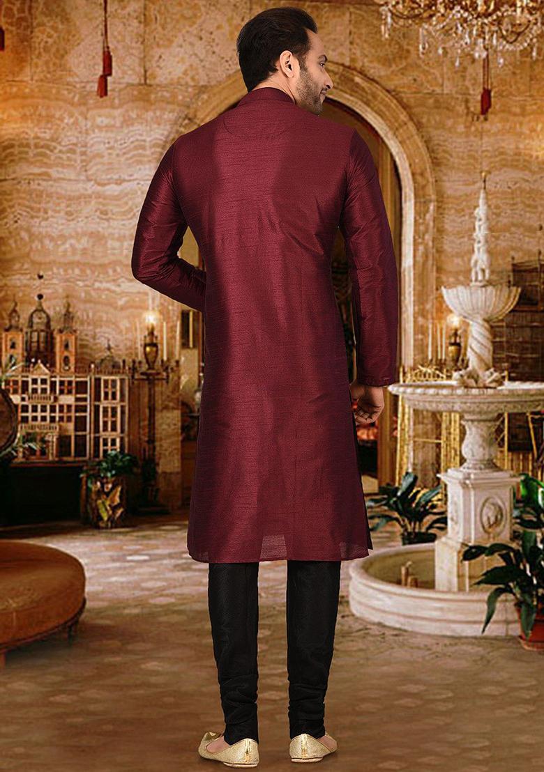 Maroon Solid Dupion Silk Kurta Pyjama Set For Men