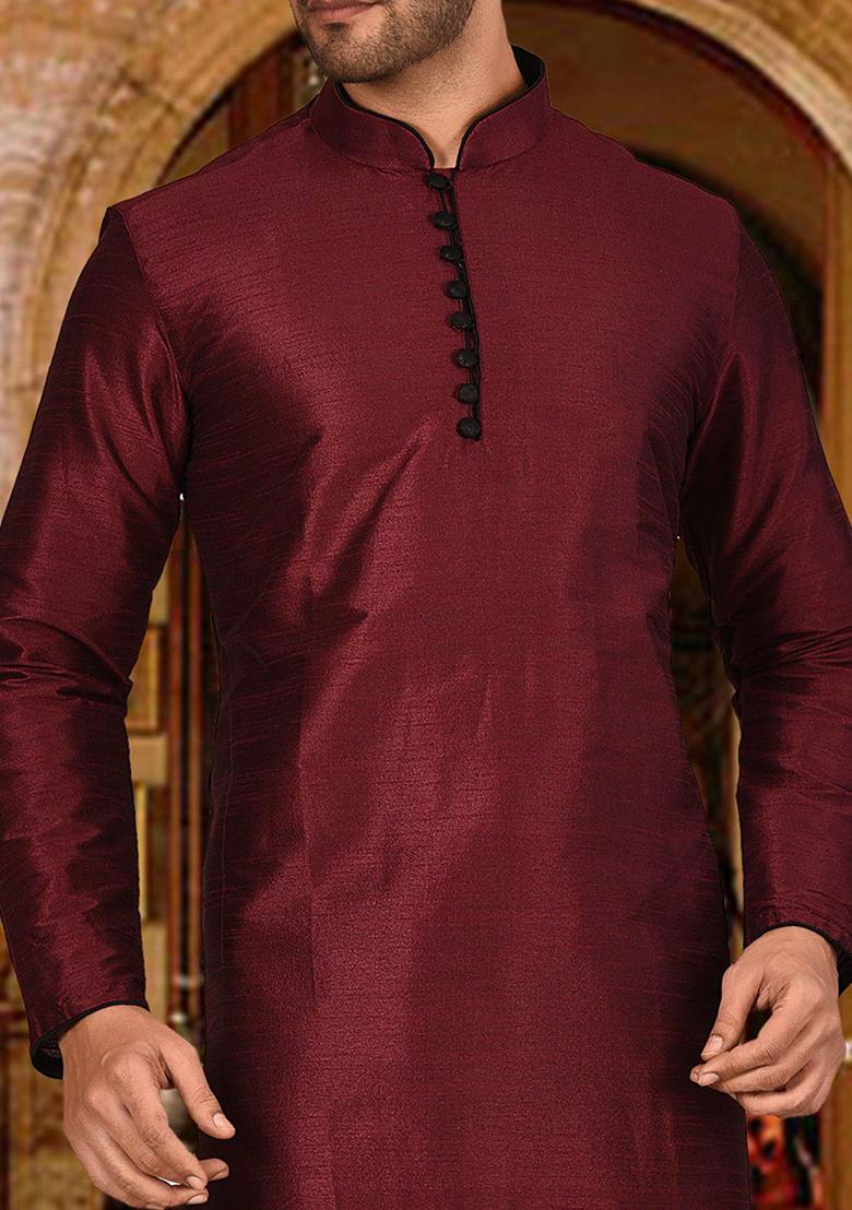 Maroon Solid Dupion Silk Kurta Pyjama Set For Men