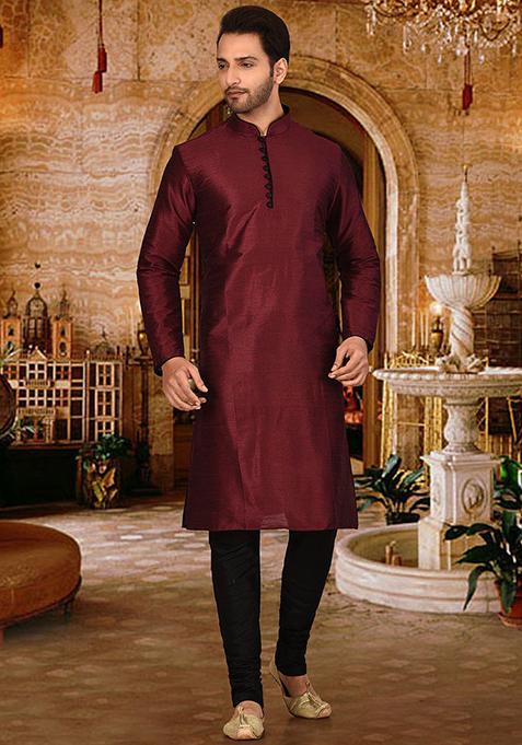 Maroon Solid Dupion Silk Kurta Pyjama Set For Men