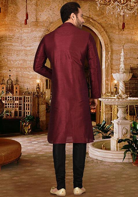 Maroon Solid Dupion Silk Kurta Pyjama Set For Men