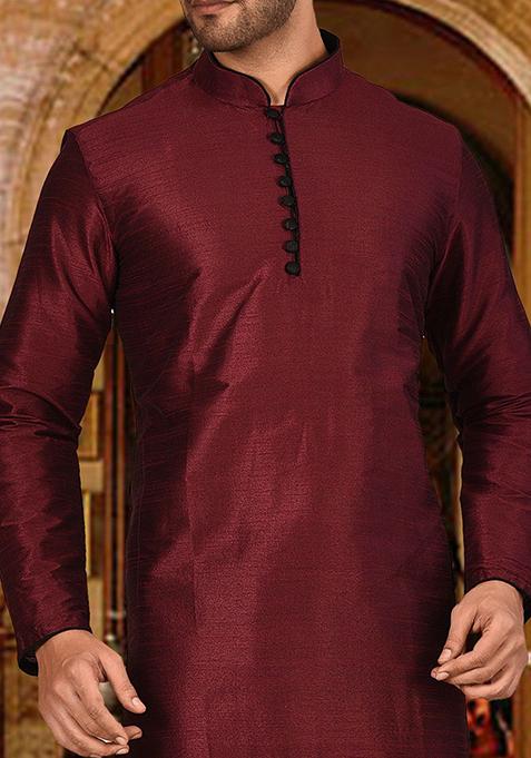 Maroon Solid Dupion Silk Kurta Pyjama Set For Men
