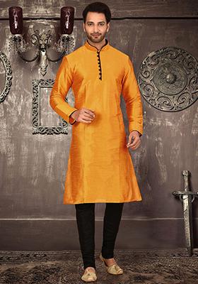 Mustard Solid Dupion Silk Kurta Pyjama Set For Men