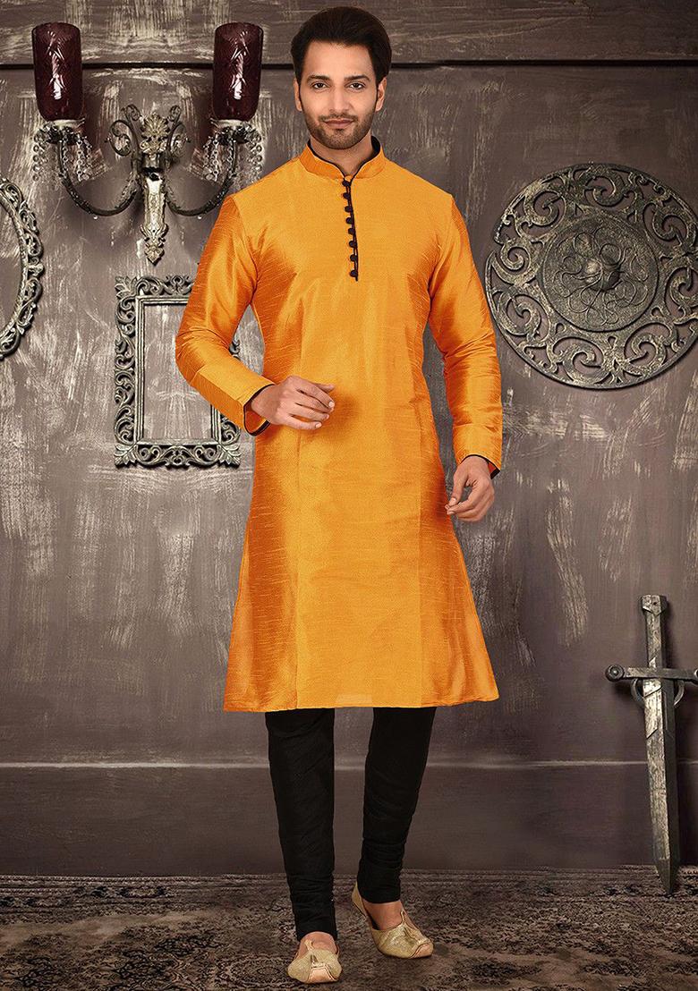 Mustard Solid Dupion Silk Kurta Pyjama Set For Men