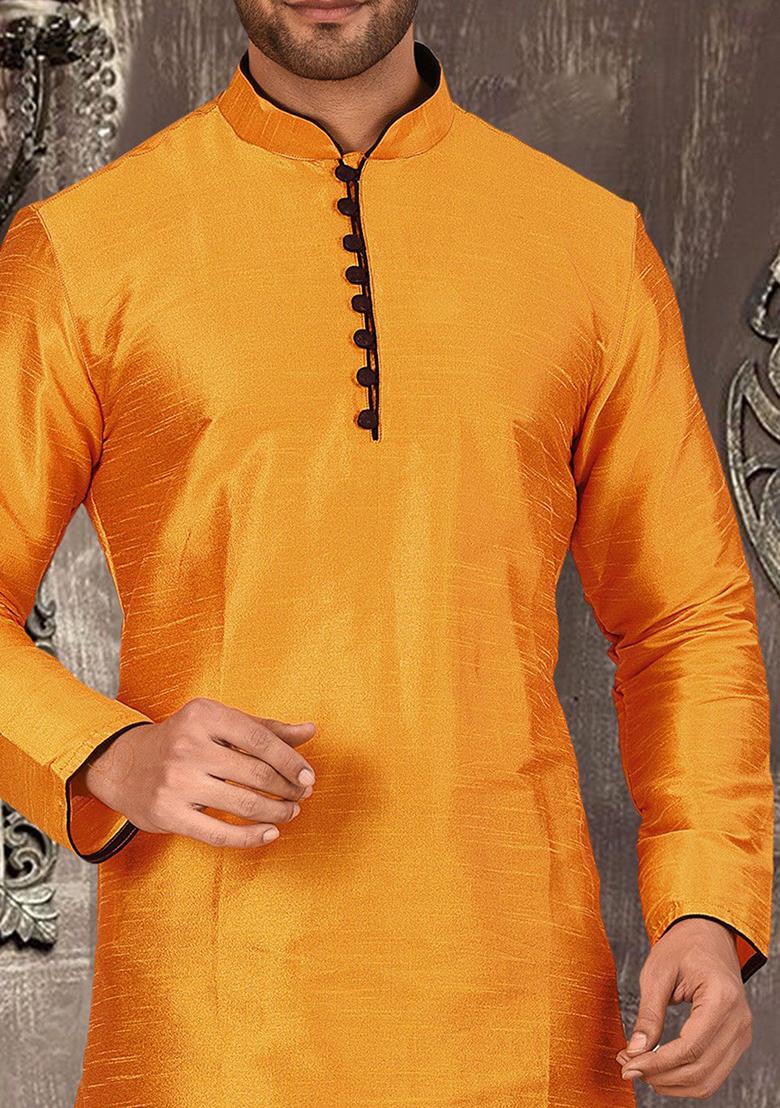 Mustard Solid Dupion Silk Kurta Pyjama Set For Men