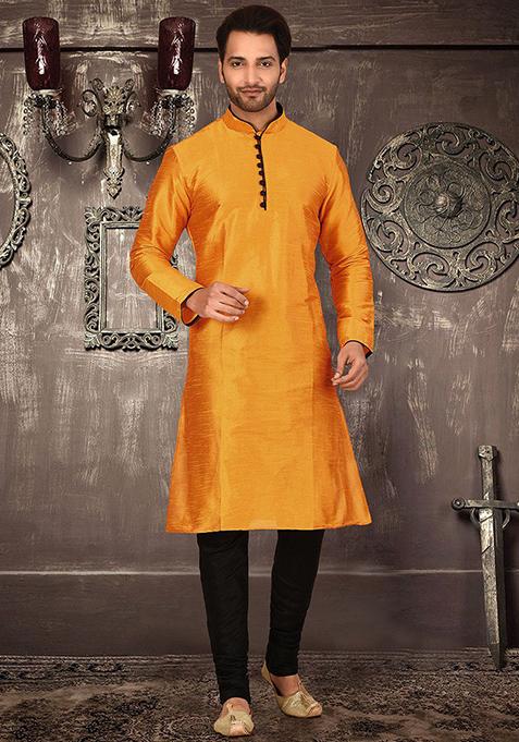Mustard Solid Dupion Silk Kurta Pyjama Set For Men