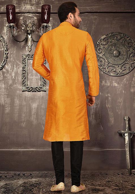 Mustard Solid Dupion Silk Kurta Pyjama Set For Men