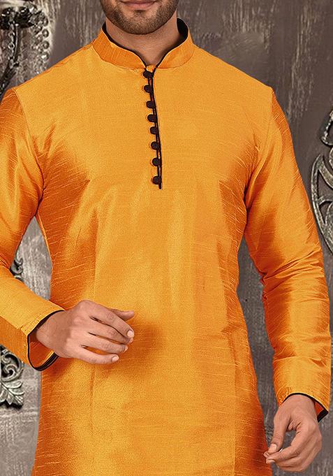 Mustard Solid Dupion Silk Kurta Pyjama Set For Men