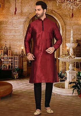 Red Solid Dupion Silk Kurta Pyjama Set For Men