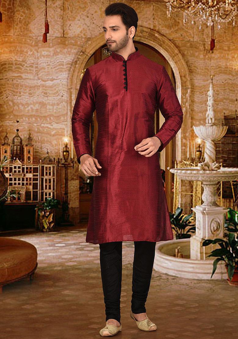 Red Solid Dupion Silk Kurta Pyjama Set For Men