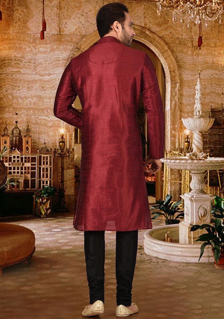 Red Solid Dupion Silk Kurta Pyjama Set For Men