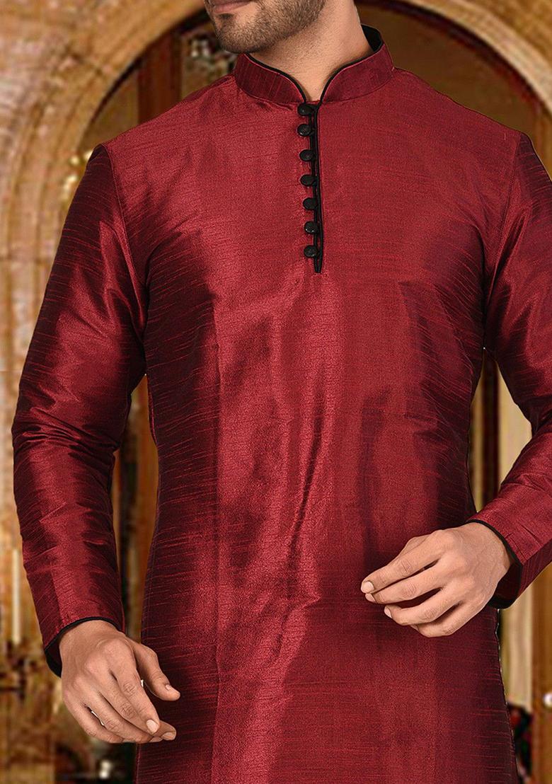 Red Solid Dupion Silk Kurta Pyjama Set For Men