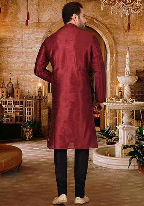 Red Solid Dupion Silk Kurta Pyjama Set For Men