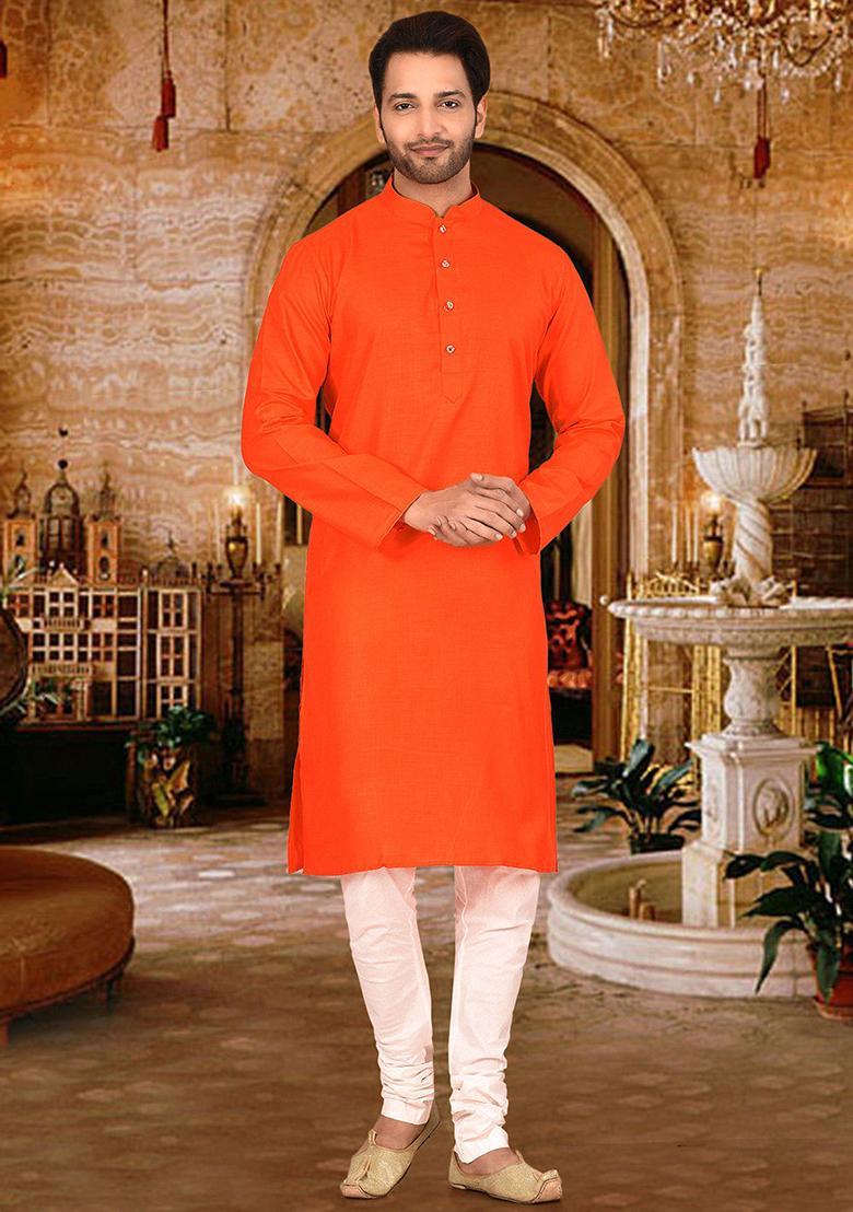Orange Solid Cotton Kurta Pyjama Set For Men