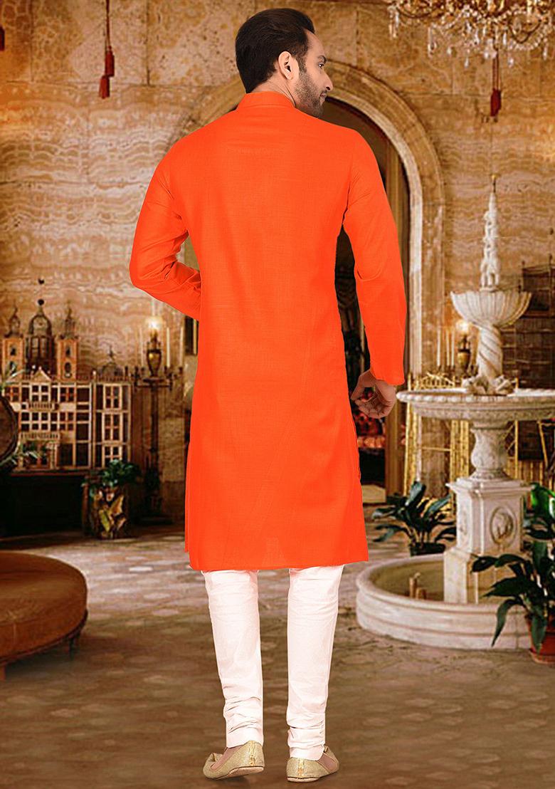 Orange Solid Cotton Kurta Pyjama Set For Men