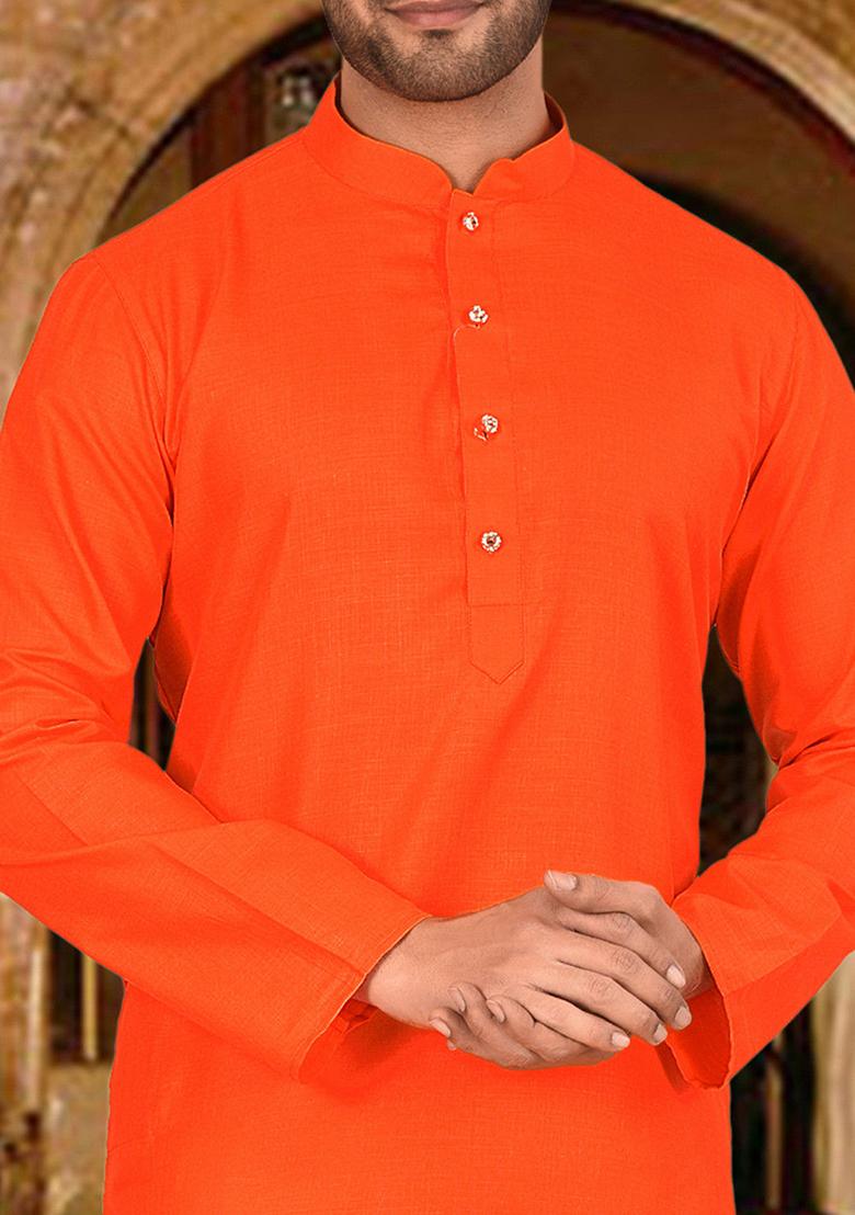 Orange Solid Cotton Kurta Pyjama Set For Men