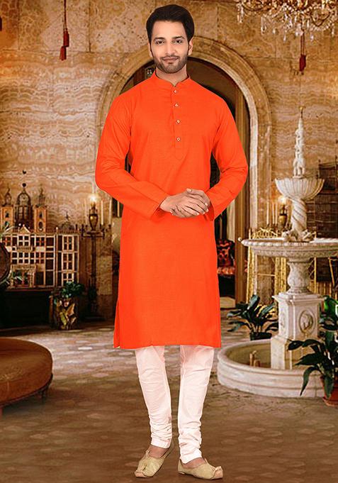 Orange Solid Cotton Kurta Pyjama Set For Men