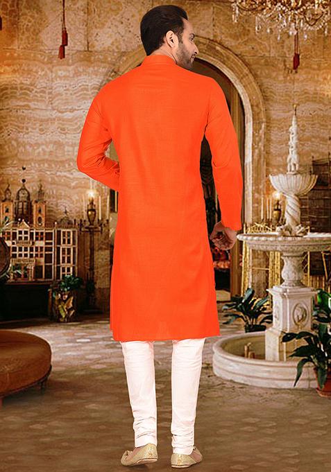 Orange Solid Cotton Kurta Pyjama Set For Men