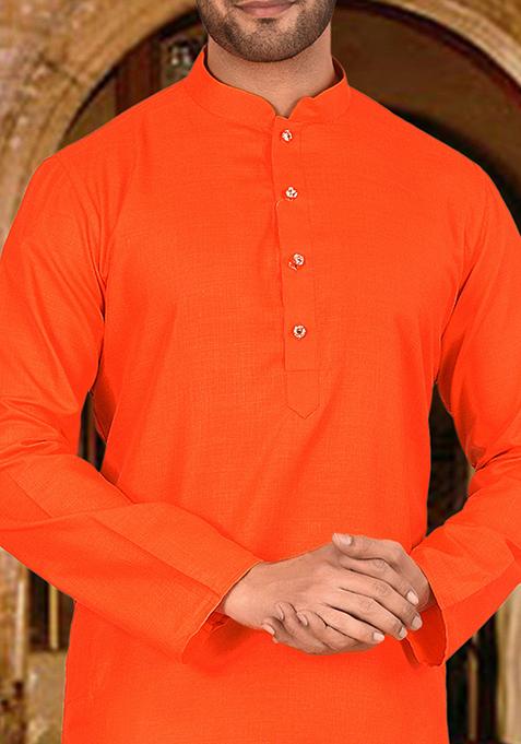 Orange Solid Cotton Kurta Pyjama Set For Men