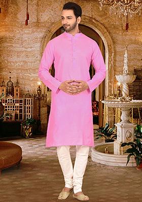 Pink Solid Cotton Kurta Pyjama Set For Men