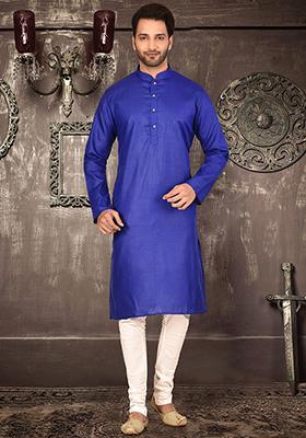 Royal Blue Solid Cotton Kurta Pyjama Set For Men