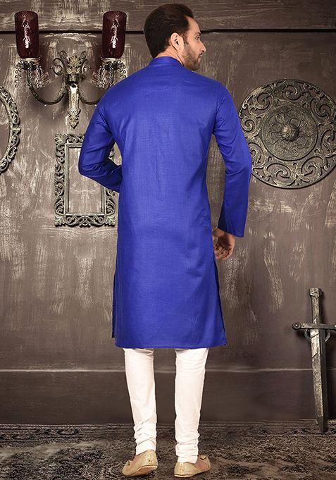 Royal Blue Solid Cotton Kurta Pyjama Set For Men