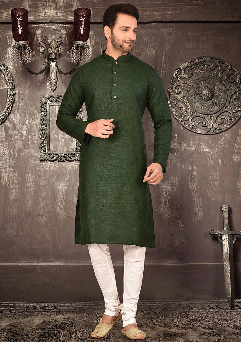 Green Solid Cotton Kurta Pyjama Set For Men
