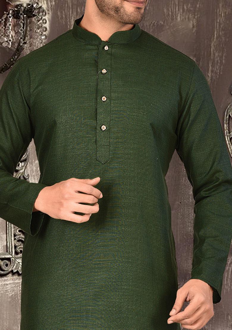Green Solid Cotton Kurta Pyjama Set For Men