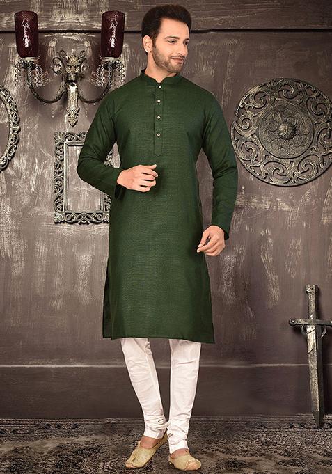 Green Solid Cotton Kurta Pyjama Set For Men