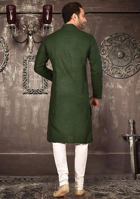 Green Solid Cotton Kurta Pyjama Set For Men