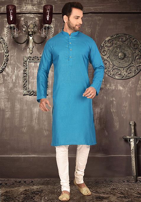 Firozi Solid Cotton Kurta Pyjama Set For Men
