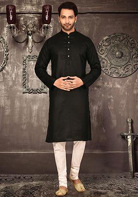 Black Solid Cotton Kurta Pyjama Set For Men