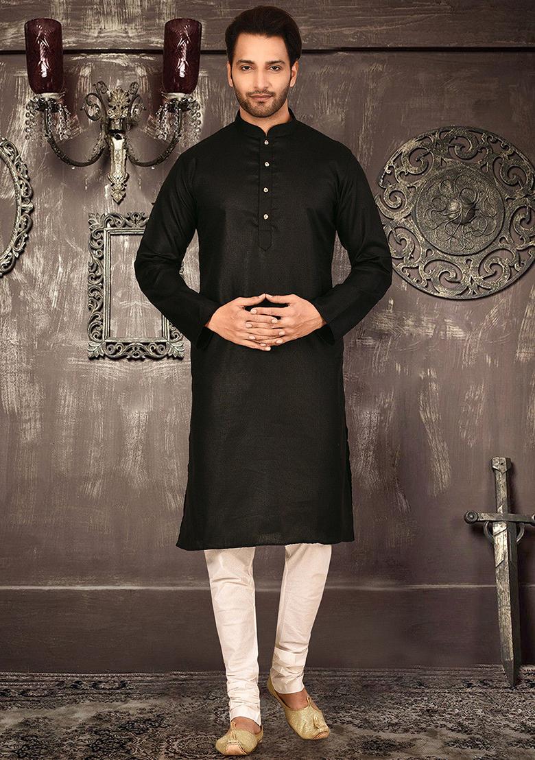 Black Solid Cotton Kurta Pyjama Set For Men