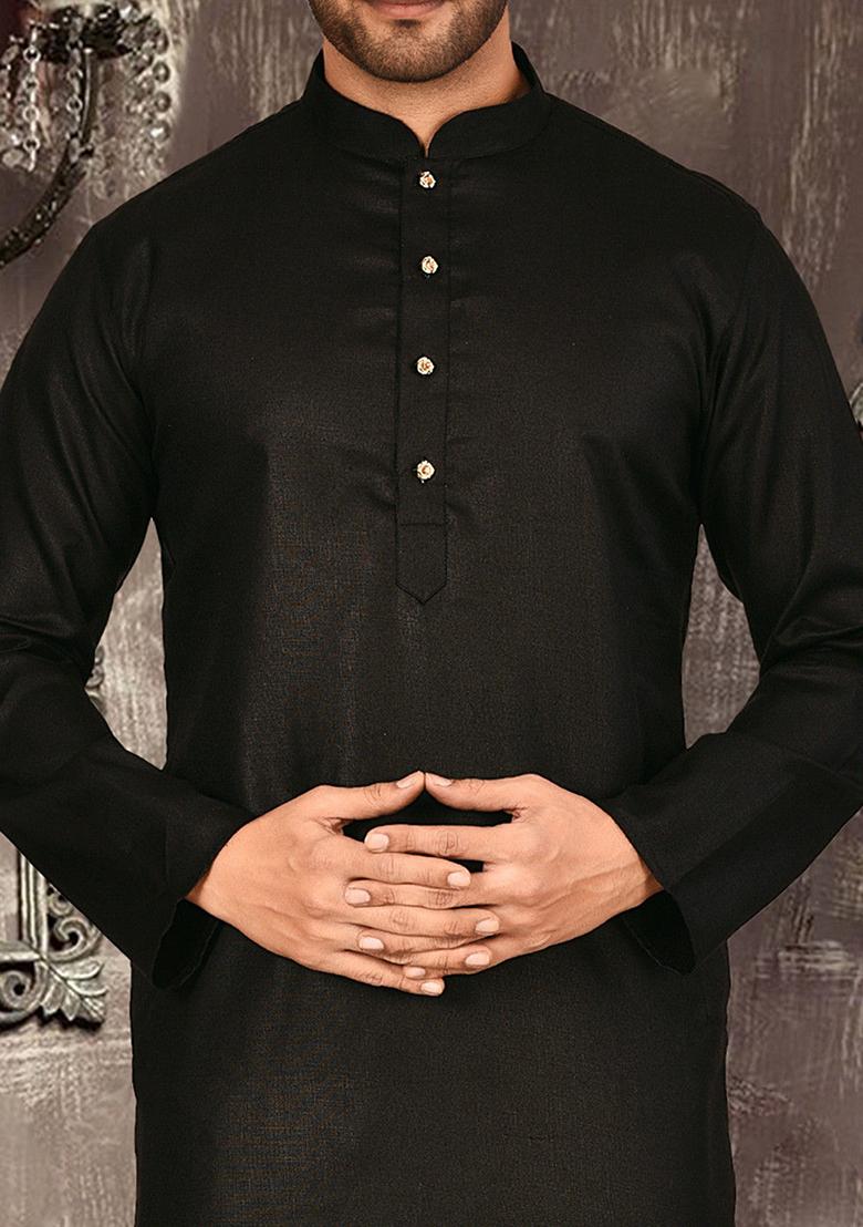 Black Solid Cotton Kurta Pyjama Set For Men
