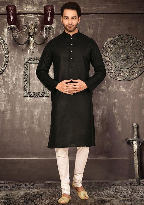 Black Solid Cotton Kurta Pyjama Set For Men
