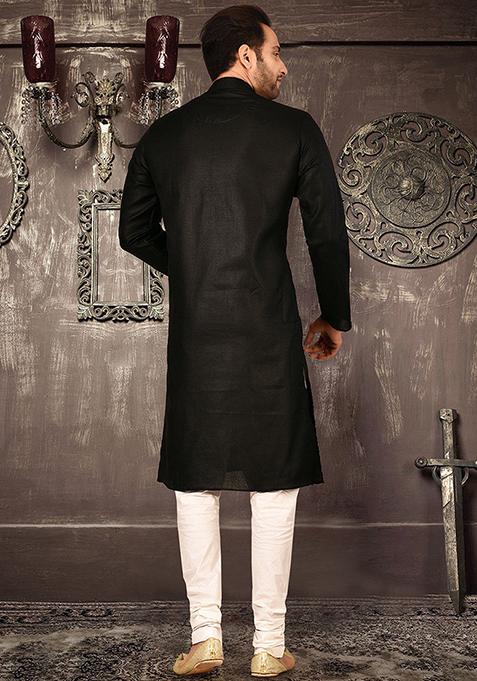 Black Solid Cotton Kurta Pyjama Set For Men