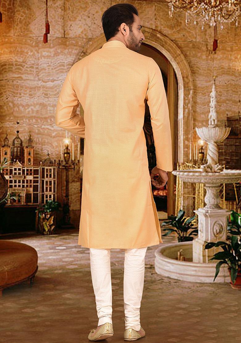 Beige Solid Cotton Kurta Pyjama Set For Men