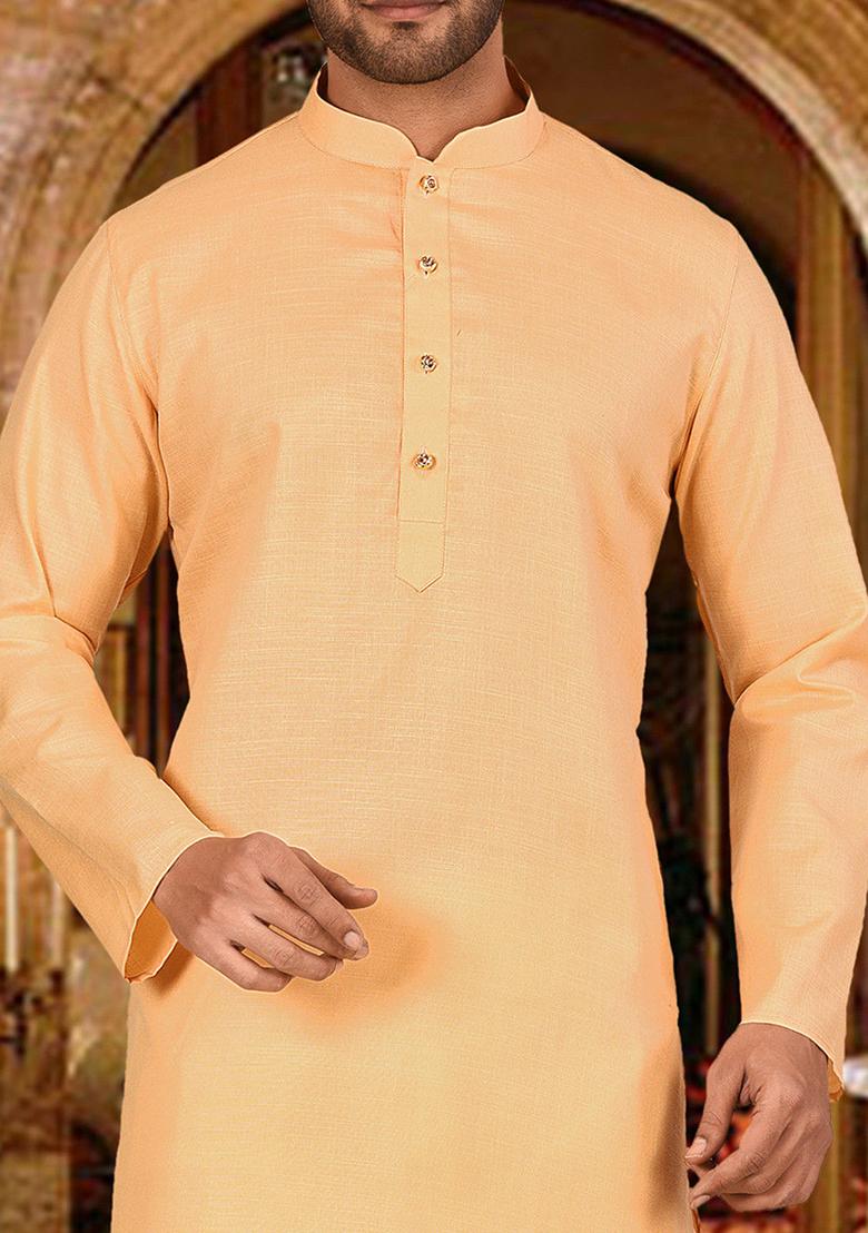 Beige Solid Cotton Kurta Pyjama Set For Men